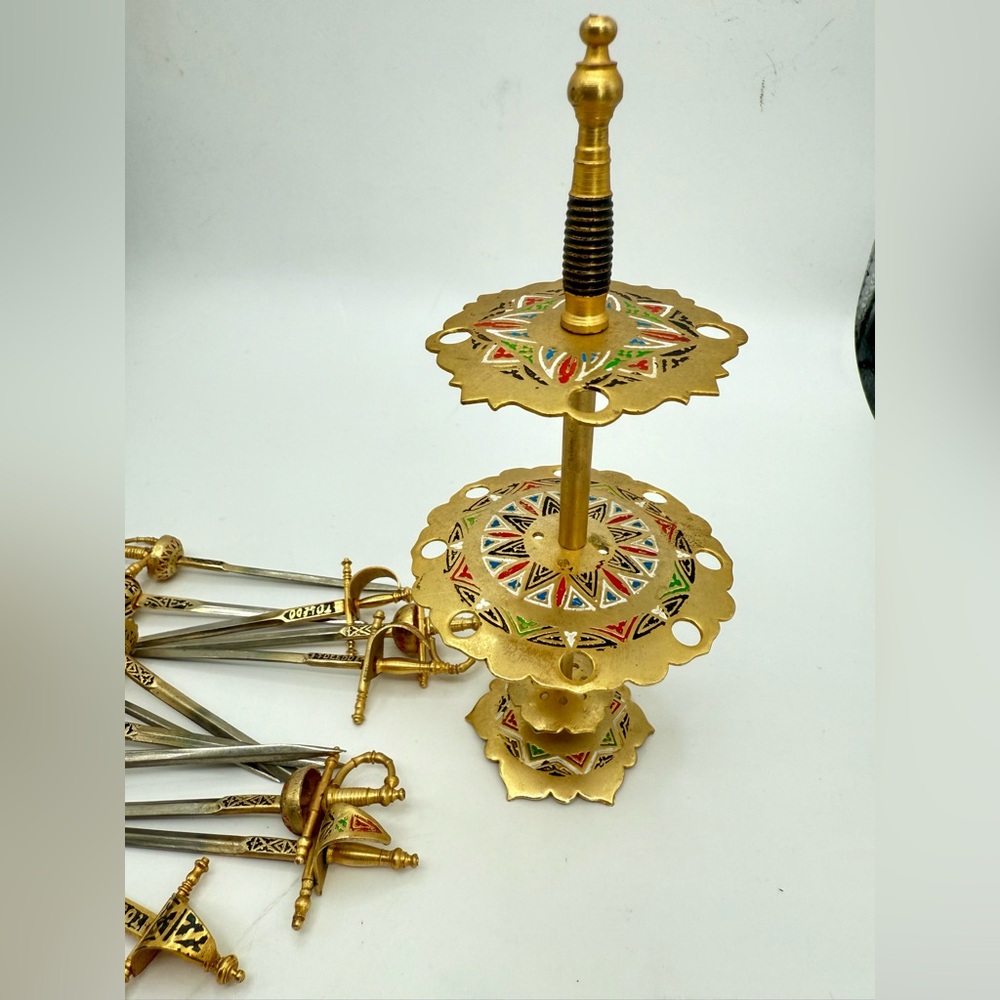 Vintage Toledo Spain Miniature Sword Cocktail Picks Stand 13pc Appetizer Skewers - Picture 7 of 15